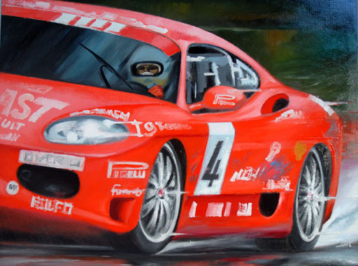 NIKI CADEI SU FERRARI 360 CHALLENGE, MUGELLO 2004. Olio su tela (70x60 cm), 2005.