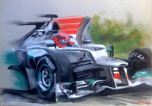 MICHAEL SCHUMACHER SU MERCEDES W03. Tempera su cartone, (2013). Collezione privata..