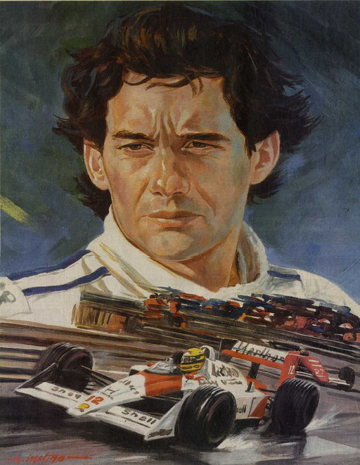 AYRTON SENNA AND HIS MCLAREN, by A.Molino, 2004. Acrylics on cardboard (35x50 cm). Published on Il Giorno. private collection.