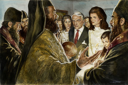 IL MATRIMONIO FRA ARISTOTILE ONASSIS E JACQUELINE BOUVIER, VEDOVA DI JOHN F. KENNEDY, di A.Molino. Acrilici su cartone, 2006