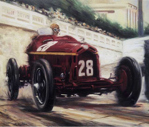 TAZIO NUVOLARI SU ALFA ROMEO. GP DI MONACO 1932. Olio su tela (60x70 cm), 2005. Collezione privata.