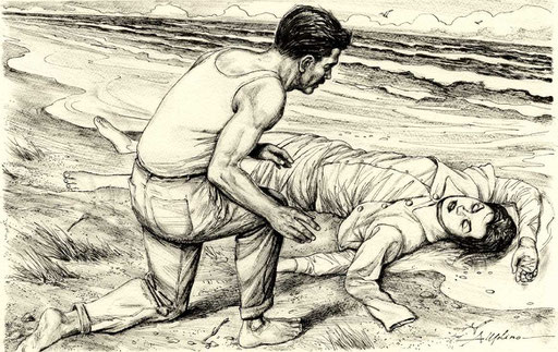 IL RITROVAMENTO DEL CADAVERE DI WILMA MONTESI, di A.Molino. Ink on paper. Da GENTE, 2011