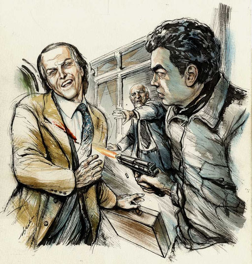 27 MARZO 1995: UN KILLER SPARA A MAURIZIO GUCCI NELL'ANDRONE DEL SUO UFFICIO, di A.Molino. Ink on paper. Da OGGI, 2009