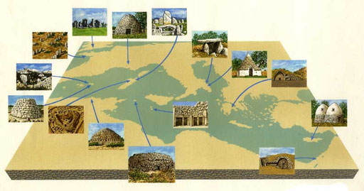 LA CIVILTA' MEGALITICA IN EUROPA, di A.Molino. Tempera su cartone. Da AIRONE, 1993