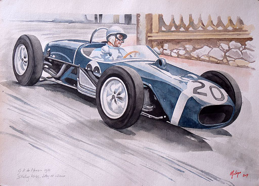 STIRLING MOSS SU LOTUS 18 CLIMAX, GP DI MONACO 1961. Acquarello su carta (2017).