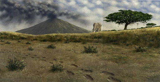 LE ORME DI OLDUVAI, di A.Molino. Tempera su cartone, 1988