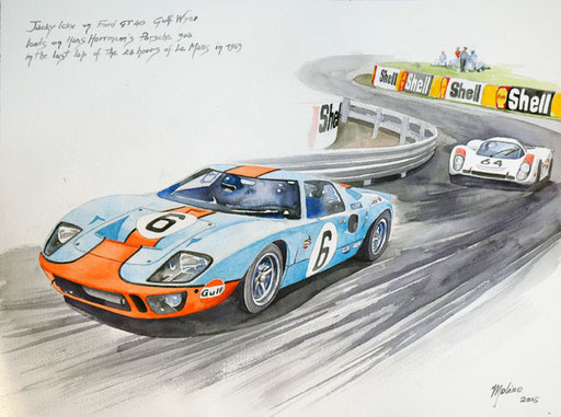 JACKIE ICKX SU FORD GT40 VS HANS HERRMANN SU PORSCHE 908 AL PENULTIMO GIRO DELLA 24 ORE DI LE MANS DEL 1969. Acquarello su carta (2016).