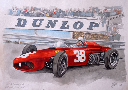 PHIL HILL SU FERRARI 156 AL GP DI MONACO 1961. Acquarello su carta (2017)..