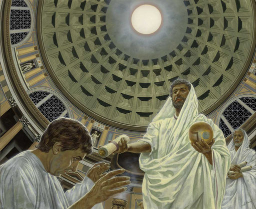 L'IMPERATORE ADRIANO CONSEGNA UNA LEGGE A UN MAGISTRATO NEL PANTHEON. Tempera su cartone. Da BELL'ITALIA, 1994