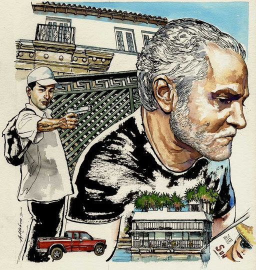 15 LUGLIO 1997: ANDREW CUNANAN SPARA A GIANNI VERSACE SULLE SCALE DELLA SUA VILLA A MIAMI BEACH, di A.Molino. Ink on paper. Da OGGI, 2009
