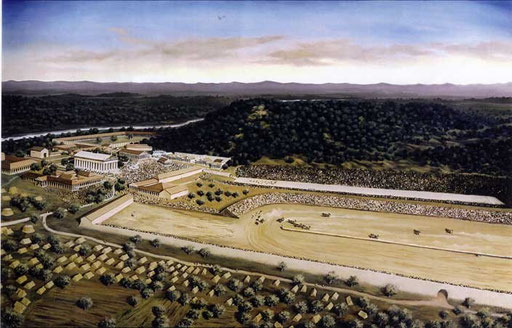 LA CORSA DELLE BIGHE ALL'IPPODROMO DI OLIMPIA, di A.Molino. olio su tela. Da BELL'EUROPA, 1996
