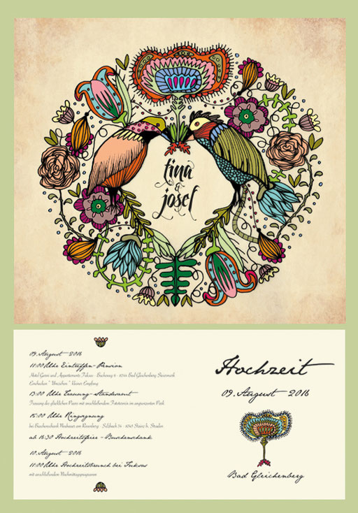 tina&josef wedding invitation* 2016 illustration and graphic design by visob flower birds color retro shabby classic 