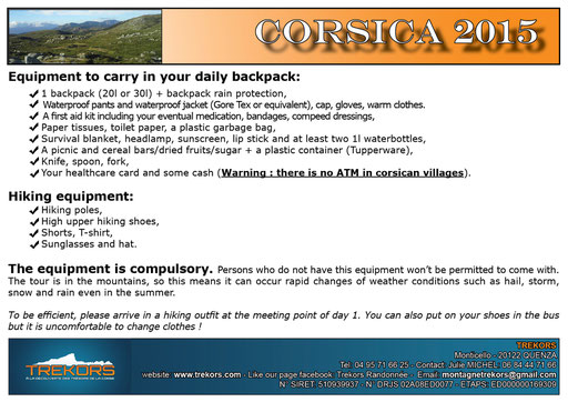 equipment and backpack to hike in corsica