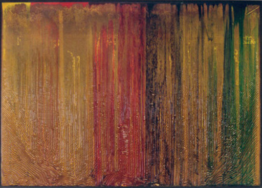 Nr.058  1995  Staub auf einem Palettendeckel  Druckfarbe auf Spanplatte  64 x 90 cm