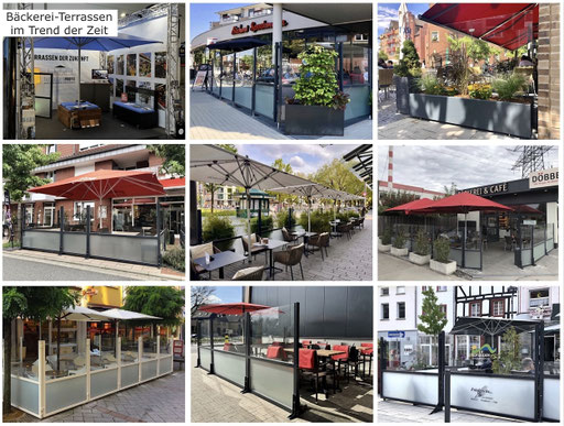Collage mit verschiedenen Bäckerei-Terrassen und Cafés mit Glas-Windschutz, Sonnenschirmen und Außengastronomie-Möbeln