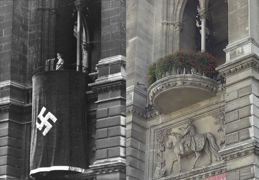 Hitler auf dem provisorischen Holzbalkon des Wiener Rathauses. Nachbau des Steinbalkons wenige Monate später. Foto 1938 Lothar Rübelt, ©: ÖNB Bildarchiv und Grafiksammlung. Foto 2018 ©: Memory Gaps