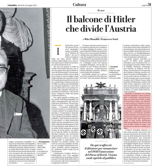 Snippet: La Repubblica, Cultura. Rita Monaldi e Francesco Sorti: "Il balcone di Hitler che divide l'Austria", 18. Mai 2021, S. 31.