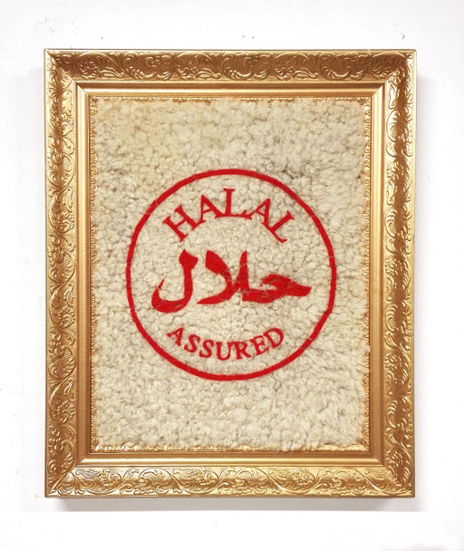 "Solution 3," 59x49, Screen-printed sheep fur, mounted on frame, 2012.