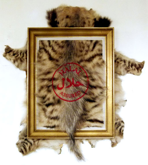 "Solution 1," 120x105, Screen-printed hyena fur, mounted on frame, 2012.