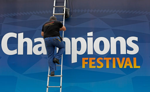 Worker finish the entrance to the UEFA Champions playground in Lisbon, 2014