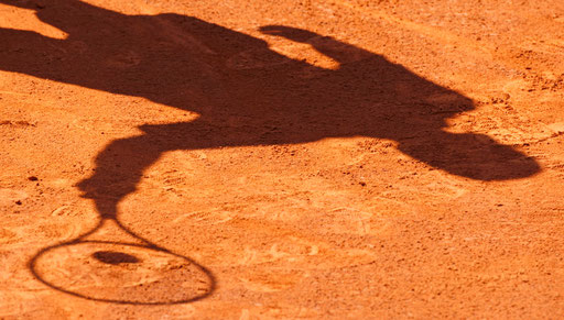 The shadow of Marc Gicquel of France is projected returning a shot to Boris Pashanski of Serbia during the match at the Estoril Open in Lisbon April 14, 2008. 