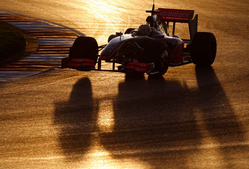 McLaren Formula One driver Lewis Hamilton steers his new car at the Algarve racetrack January 21, 2009. 