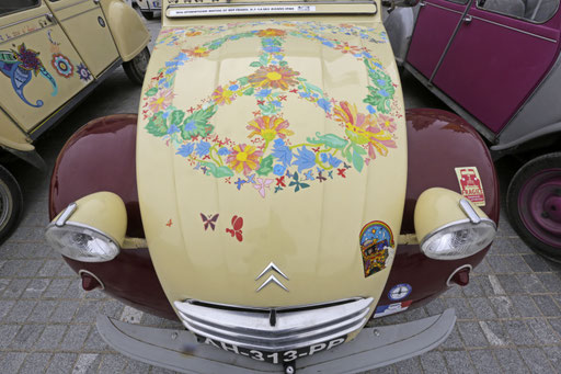 Car with a handicraft painting seen at the parking area in Mafra after the parade of the World 2017 2CV Meeting July 30, 2017
