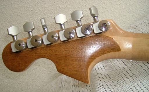 the walnut hides the joint where I glued on some more maple to the original headstock. Note the three piece maple neck. Unusual for Fender but good quality.