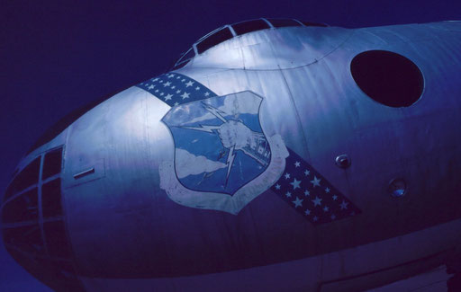 The nose of a derelict B-36 -- the largest bomber ever to fly -- shows the faded mailed-fist escutcheon of the Strategic Air Command. Never used in combat, these intercontinental bombers were a large part of SAC's front line from 1948 to 1959.