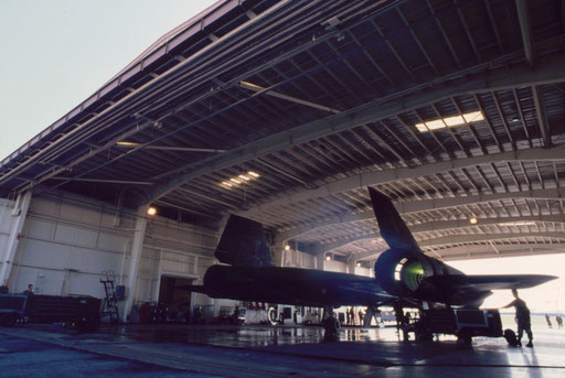 Destination unknown: with a green burst of flame, No. 2 engine roars to life as this SR-71 prepares for its last operational reconnaissance mission from Kadena Air Base, Okinawa, Japan.