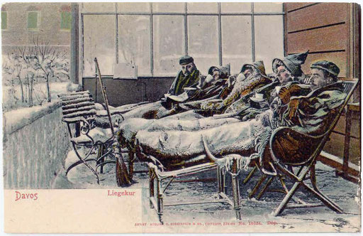 Liegekur Davos im Winter, Postkarte ca. 1910