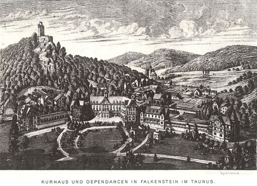 Kurhaus und Dependancen in Falkenstein  nach dem Umbau Anfang 1880er Jahre, Holzstich August Osterrich
