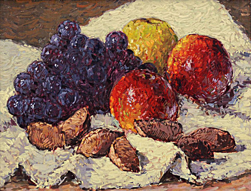 Robert Koepke (1893-1968), Früchtestilleben auf weißem Tuch, um 1949, Öl auf Malpappe, 20,6x26,6 cm
