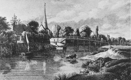 Fußgängerbrücke über die Alster mit der Kirche St. Johannis um 1827 © Kupferstich Anton Radl