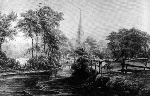 Dörfliche Idylle. Blick über die Alster zur Kirche St. Johannis.  © Zeichnung aus dem 19. Jahrhundert.