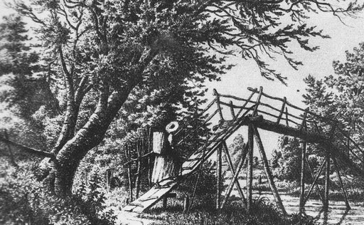 Der Alstersteg war insgesamt 169 Meter lang. 1841 wurde er abgerissen. © Zeichnung um 1820.