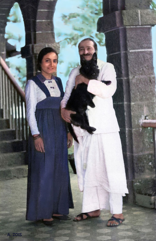 22. Early December, 1946 - Mahabaleshwar, India.  Meher Baba with Mehera Irani & Cracker a Scotch Terrier dog.
