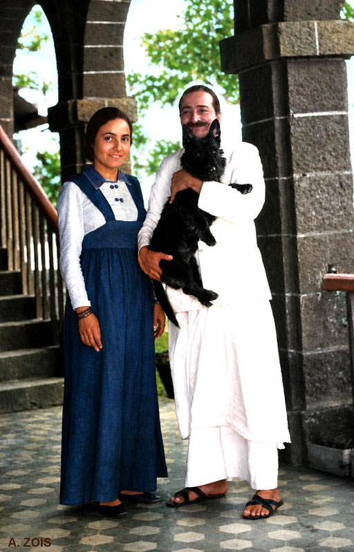 22. Early December, 1946 - Mahabaleshwar, India.  Meher Baba with Mehera Irani & Cracker a Scotch Terrier dog. BP