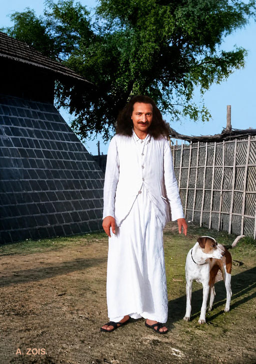 1935 : Meher Baba at Upper Meherabad with his dog Chum. Image rendered by Anthony Zois. BP