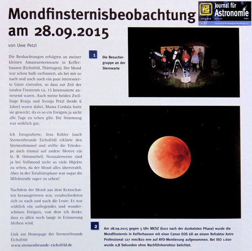 Artikel Mondfinsternisbeobachtung am 28.09.2015 von Uwe Petzl im VDS Journal für Astronomie Nr. 57  II  / 2016