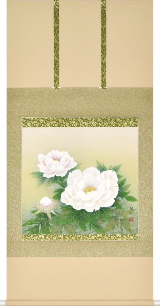 絹本掛軸 作者2名による 合作 【 彩色 野菜の図 】軸先木 絹本掛軸 作者2名による 合作 【 彩色 野菜の図 】軸先木