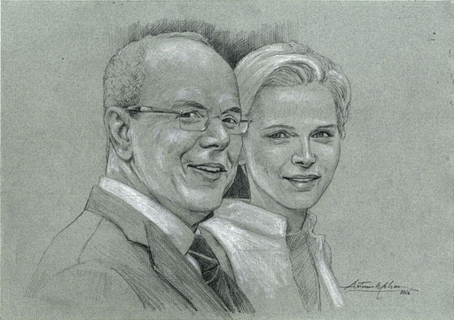 ALBERTO E CHARLENE, by A.Molino. Pencil on blue-grey paper, 2014. 