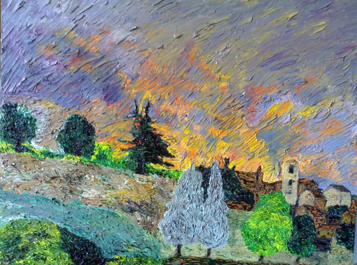 TRAMONTO SUL VECCHIO BORGO - 2008 olio su tela 45 x 75