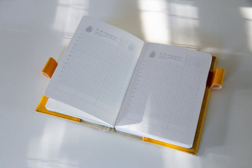 赤いソファのうえに乱雑に積まれた書籍。コーヒーの入ったマグカップ、メモ、ペン、りんご。