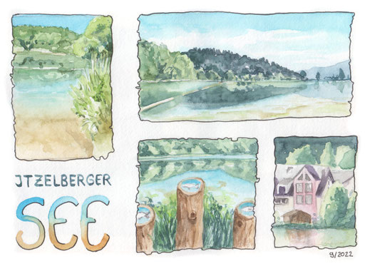 Aquarellstudie "Itzelberger See": Seeansichten aus unterschiedlicher Perspektive