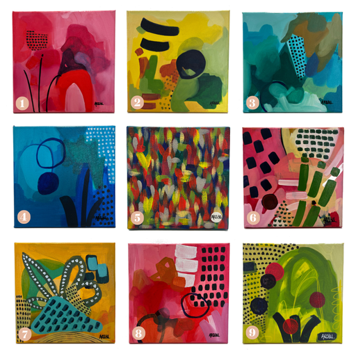 Peintures abstraites colorées, de petits formats, réalisés par l'artiste peintre et plasticienne Arasu, alias Sandrine Sueur.
