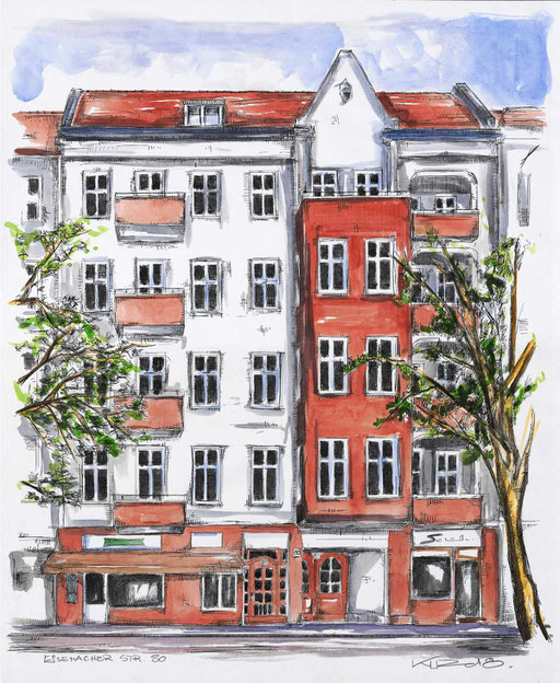 "Mietshaus Eisenacher Straße in Berlin-Schöneberg"/ 2018 / 62 x 70 cm / farbig lavierte Federzeichnung in schwarzer Tusche