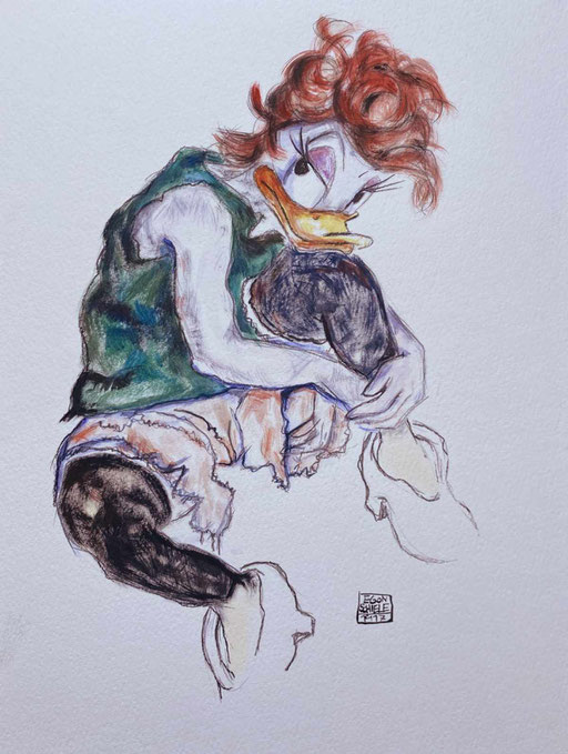 "Sitzende Ente mit hochgezogenem Bein" - Adaption nach Egon Schiele / 2021 / 30 x 40 cm / Mischtechnik auf Acrylmalpapier