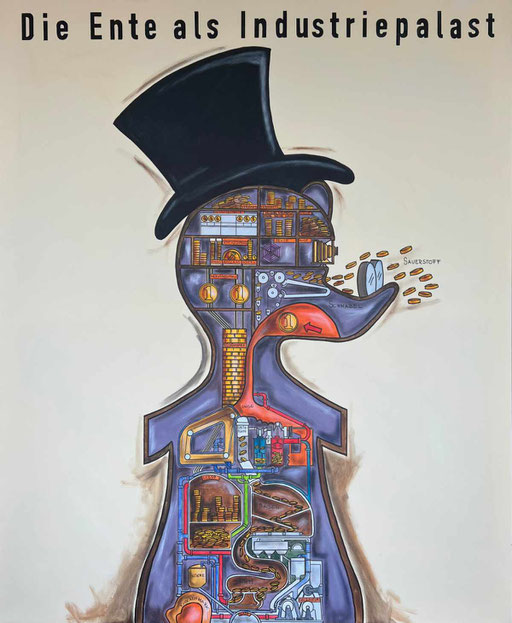 "Die Ente als Industriepalast" Adaption nach Fritz Kahn / 2023 / 100 x 120 cm / Acryl auf Leinwand