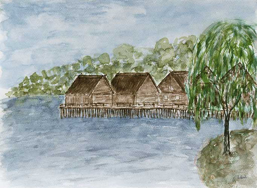 Agathe Manz Pfahlbauten Wasserfarben auf Papier 30cm * 40cm